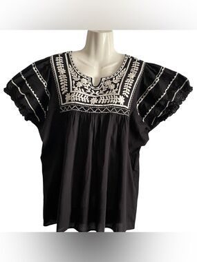 SISTER
MARY  Black Embroidered Peasant Blouse with White Floral Yoke